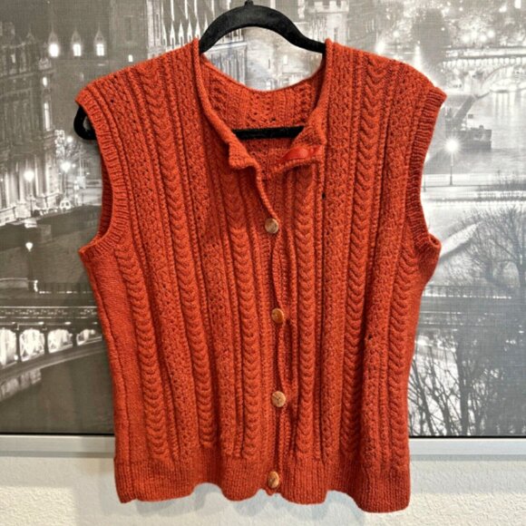 Handmade Sweaters - Women's Hand Knit Rust Crochet Sweater Vest‎ Open Front Grannycore Large VINTAGE